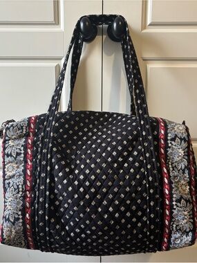 Vera Bradley Black Quilted Travel Duffel with Red and Cream Floral Trim